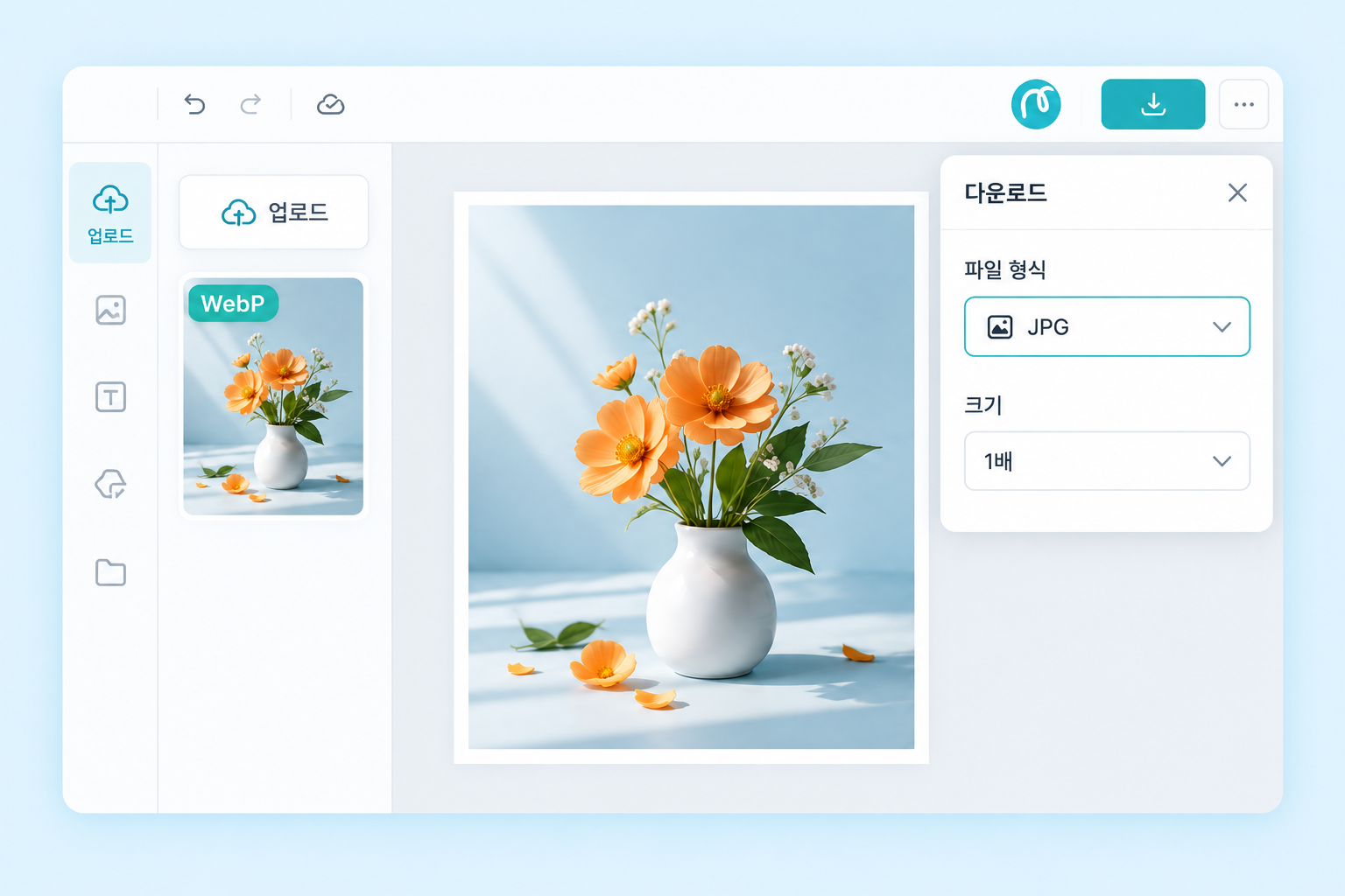 Editor MiriCanvas con una foto di un vaso in formato WebP e la finestra di download con l'opzione JPG selezionata